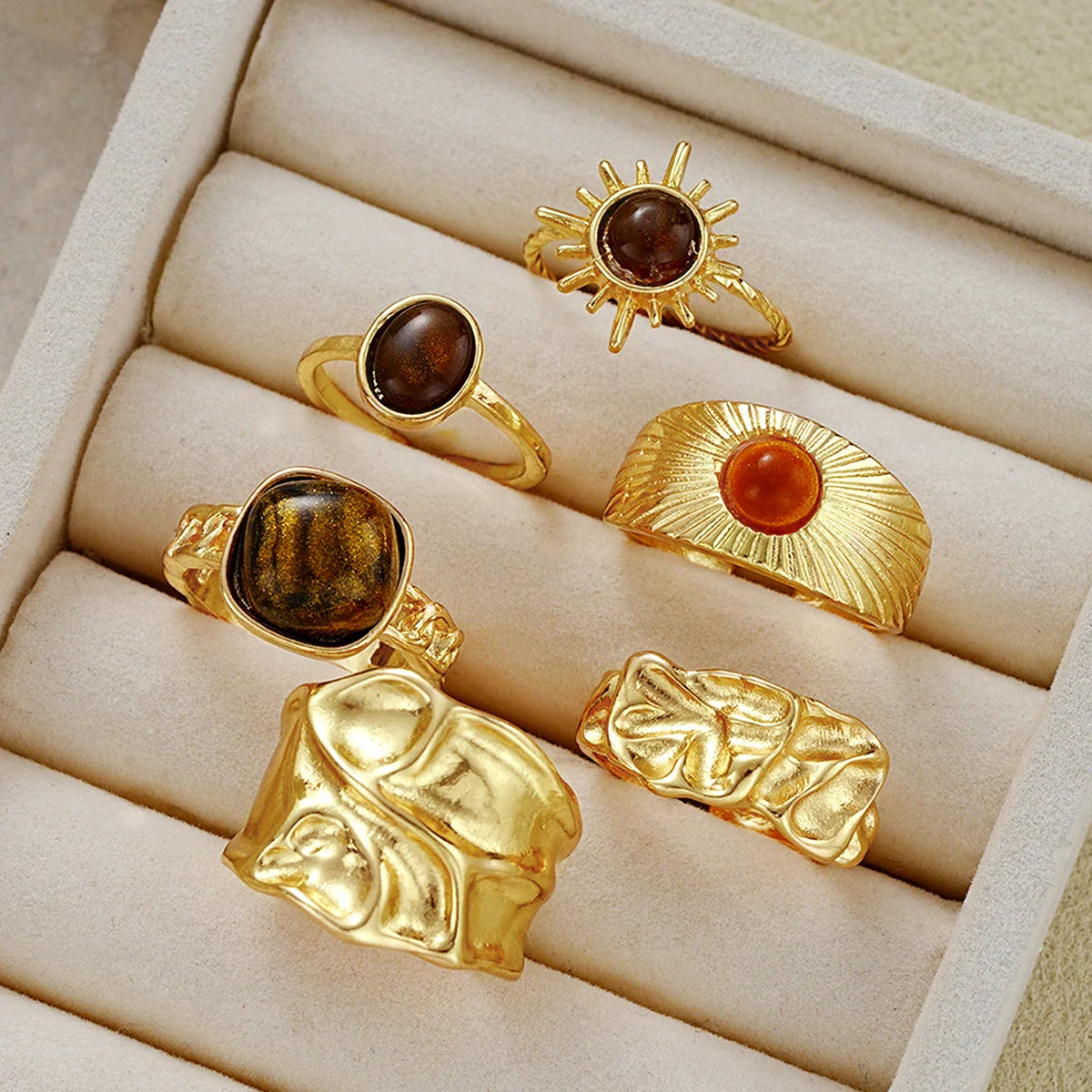 6Pcs/Set Vintage Sun Flower Tiger Eye Stone Rings for Women Irregular Gold Color Aesthetic Open Rings Fashion Jewelry Gifts 2025 Vera Lux