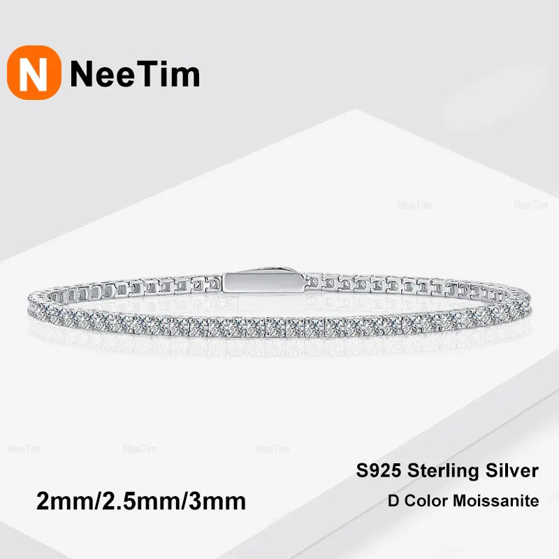 NeeTim 2mm 2.5mm 3mm 4mm Moissanite Tennis Bracelet 925 Sterling Silver with White Gold Plated Bracelets for Women Man Wholesale Vera Lux