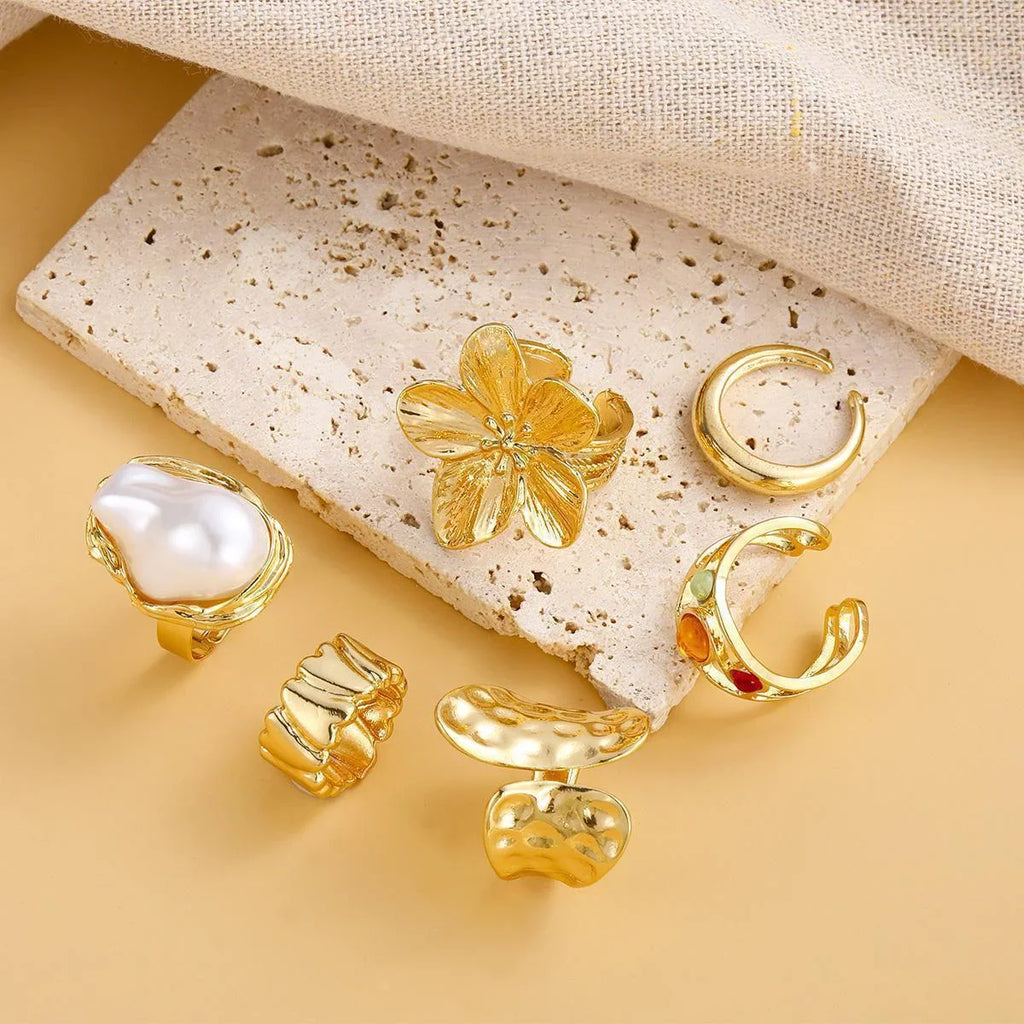 6pcs/Set Vintage Metal Flower Ring Set for Women Punk Elegant Baroque Faux Pearl Knuckle Rings Daily Wear Party Holiday Gifts Vera Lux