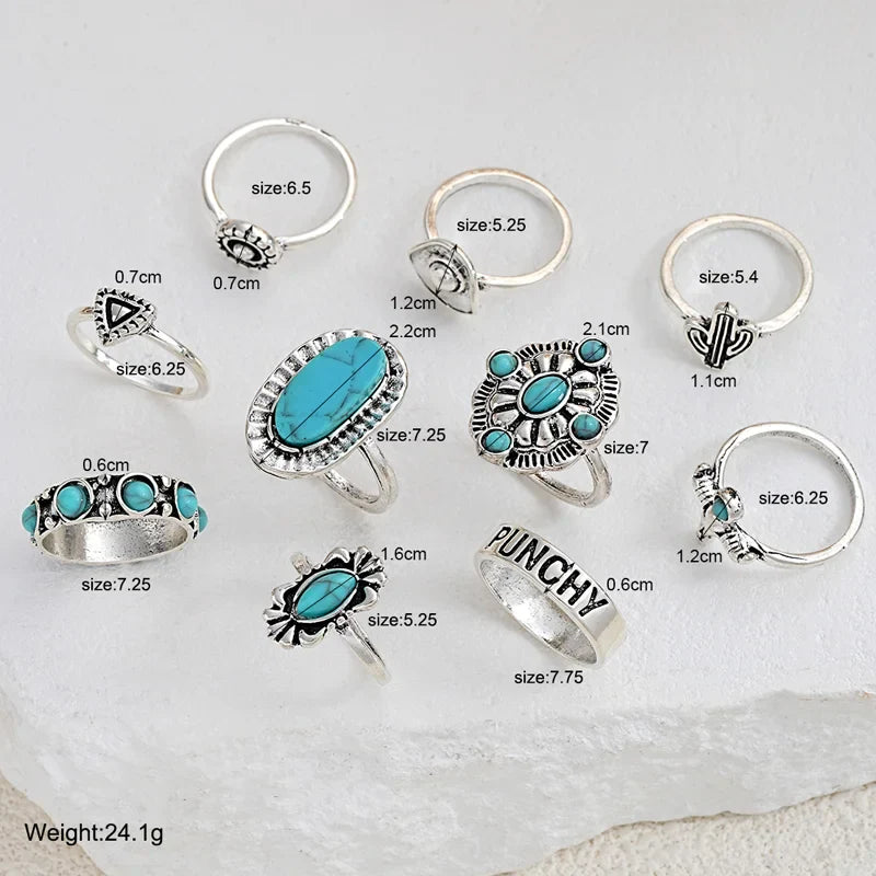 10pcs Trendy Western Style Rings Set for Women Men Vintage Turquoise Bull Head Lotus Sun Design Ring Daily Outfits Jewelry Gifts Vera Lux