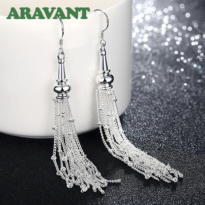 Aravant 925 Silver Multi Chain Long Tassel Drop Earrings For Women Wedding Jewelry Vera Lux
