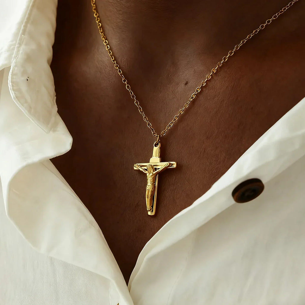 Stainless Steel Jesus Cross Necklace For Women Men Gold Color Caravaca Angels Crucifix Charm Choker Rapper Jewelry Hip Hop Gift Vera Lux