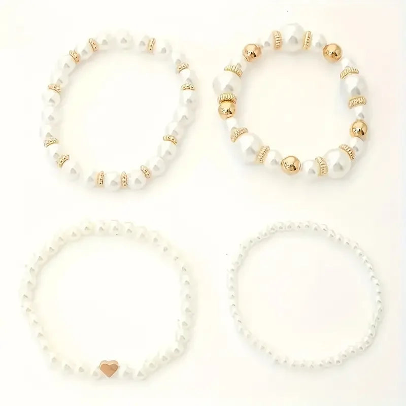 New 4 Pcs/Set imitation Pearl Beaded Bracelets Set for Women Fashion Gold Color Heart Big Pearl Bracelet Trendy Jewelry Gifts Vera Lux