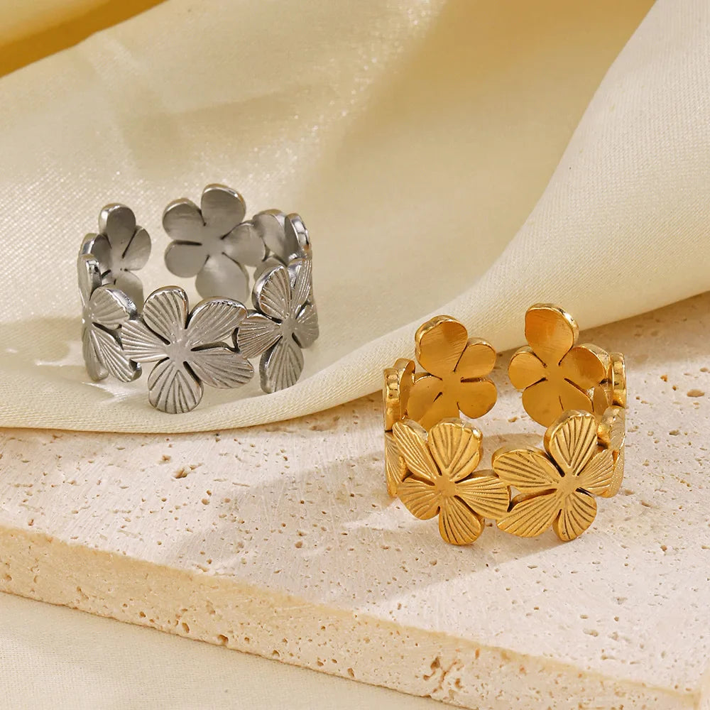 Stainless Steel Flower Adjustable Opening Rings 18k Gold PVD Plated Waterproof Finger Jewelry For Women Wedding Exquisite Gifts Vera Lux