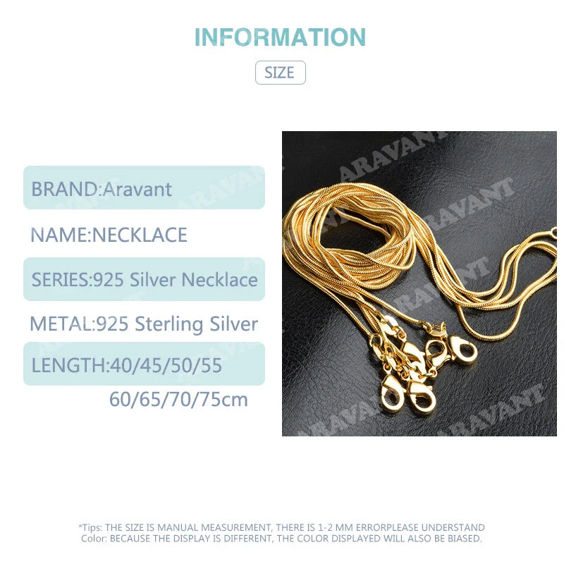 Aravant 925 Sterling Silver 18K Gold 1MM 45-75CM Snake Chain Necklace For Women Fashion Party Wedding Jewelry Vera Lux