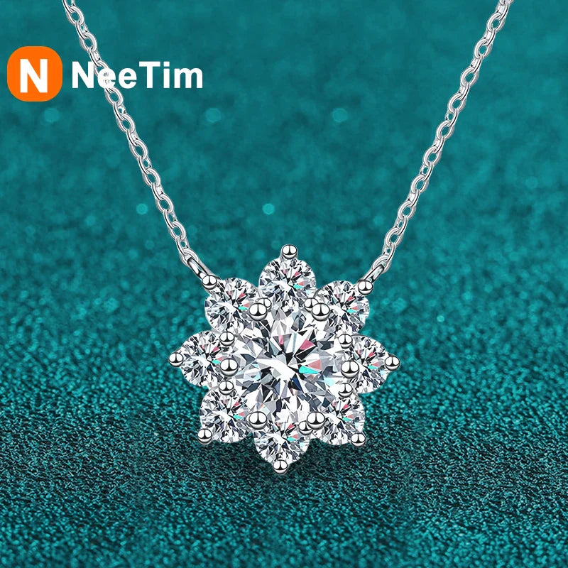 NeeTim 1CT Moissanite Diamond Necklace For Woman Pendant 925 Silver Plated with White Gold Chains Party Bridal Fine Jewelry Gift Vera Lux