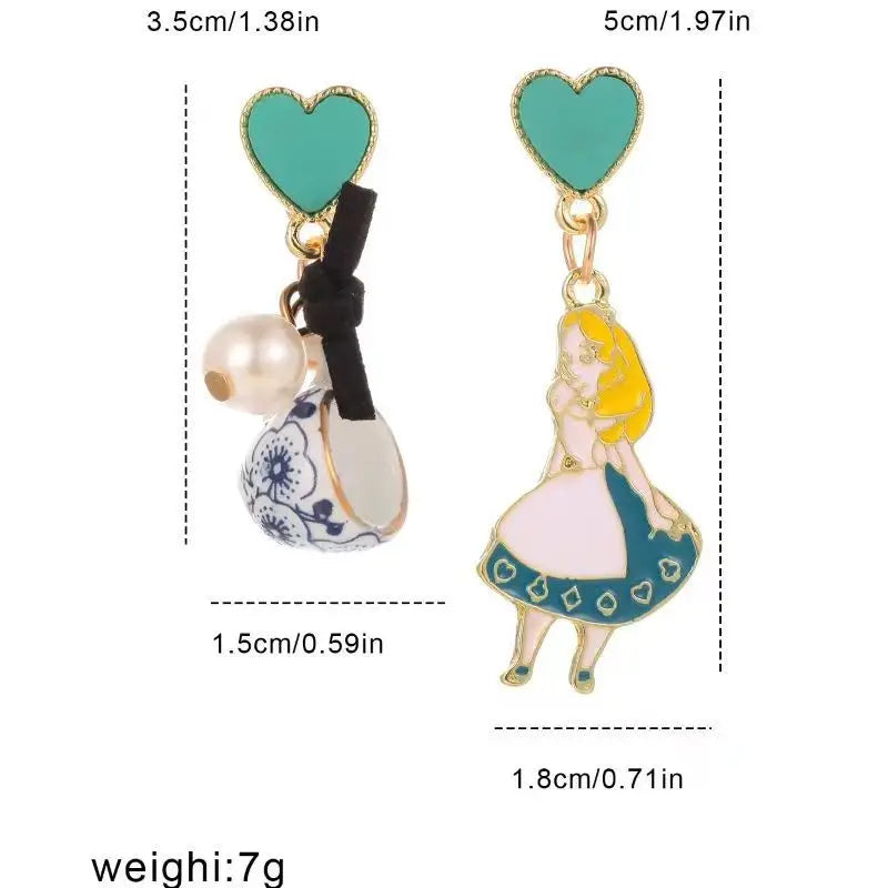 Carton Fairy Tale Princess Alice Asymmetry Earrings Imitation Pearl Blue Heart Dangle Earrings Cute Girls Enamel Earrings Vera Lux