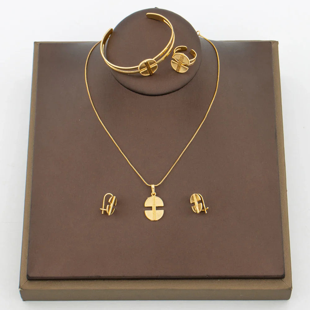 Stylish Girls Jewelry Set for Party Copper Gold Color Necklace and Hoop Earrings and Necklace Bangle Ring Set for Weddings Gifts Vera Lux