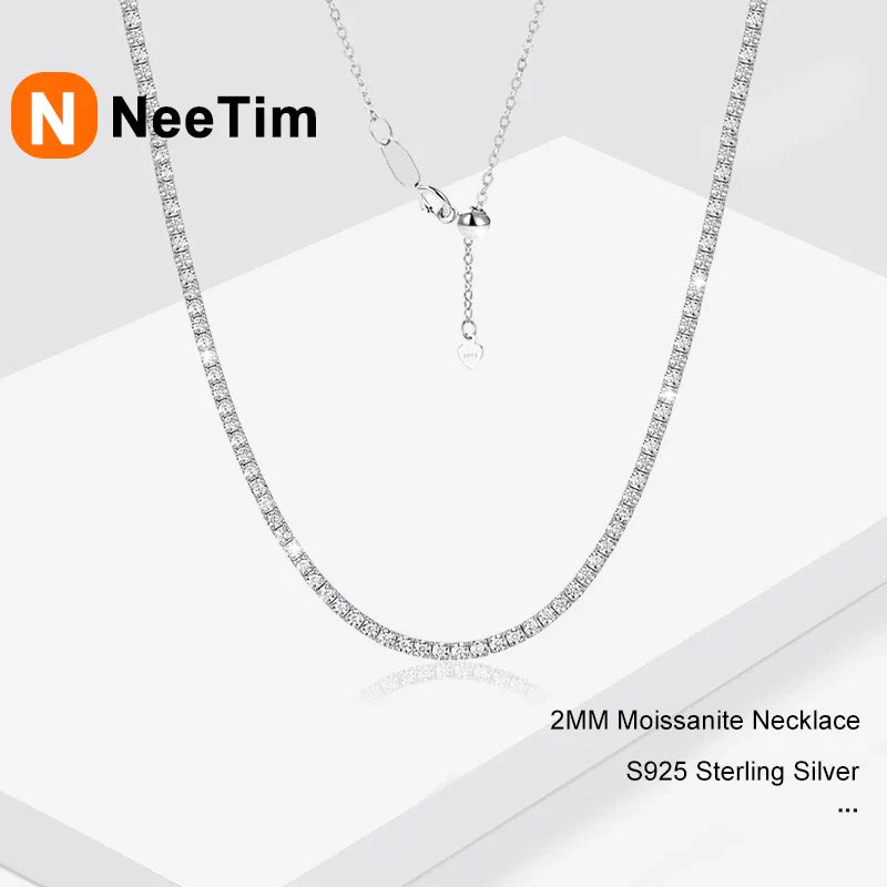 NeeTim 2mm D Color All Moissanite Tennis Necklace for Women Adjustable Choker Chain 925 Sterling Silver with Gold Plated Jewelry Vera Lux