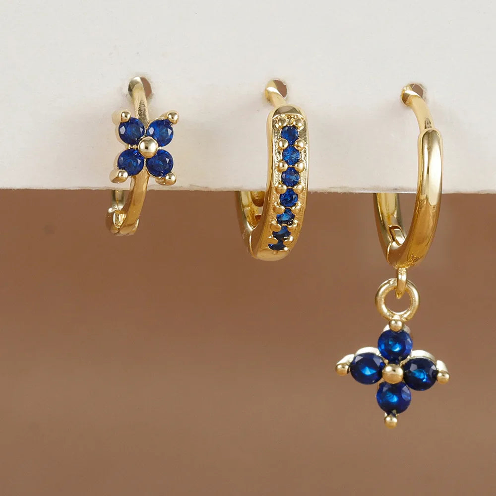 3PCS Fashion Orange Blue Zircon Hanging Earrings Set for Women Stainless Steel Flower Dangle Earring Piercing Jewelry Vera Lux