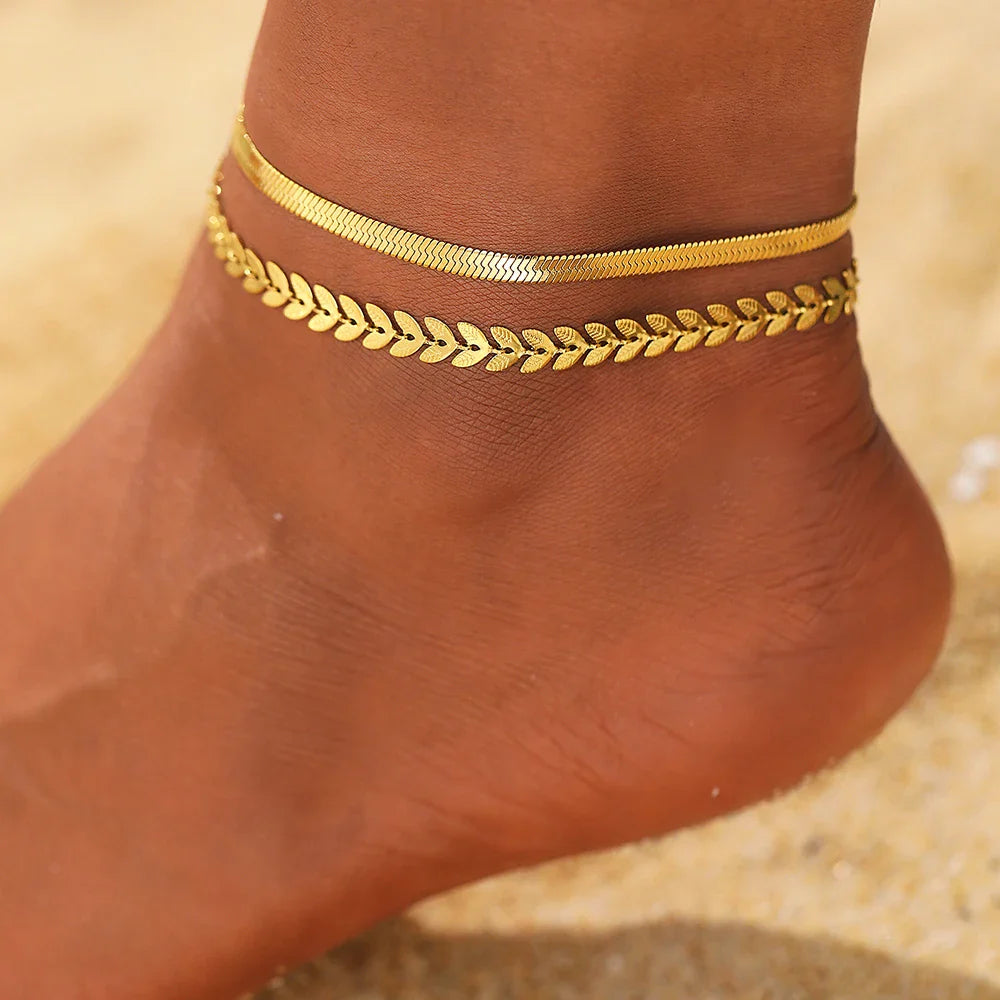 Stainless Steel Anklet Creative Splicing Wrap Around Leaf Design Blade Chain Anklet For Women Jewelry Goddess Banquet Fine Gifts Vera Lux