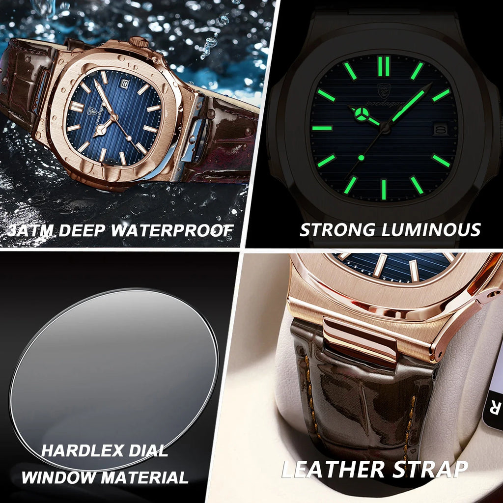 POEDAGAR Fashion Square Men's Watch Waterproof Luminous Date Business Man Wristwatch Casual Leather Quartz Watches For Men Reloj Vera Lux