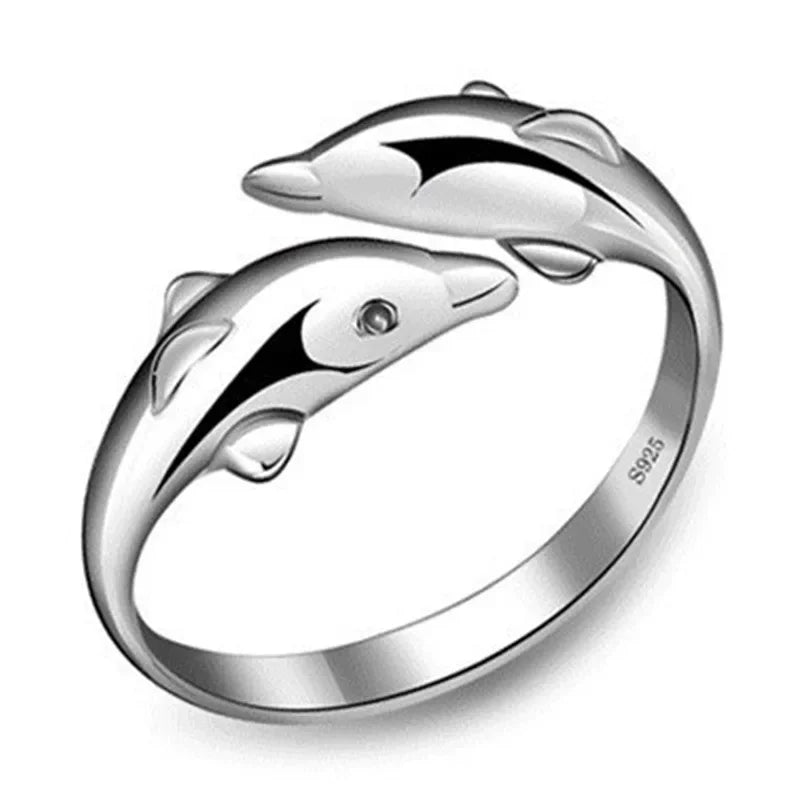 925 Sterling Silver Jewelry Open Happy Double Dolphin Love Rings For Women Party Gift Adjustable Ring Anillos Bague Vera Lux