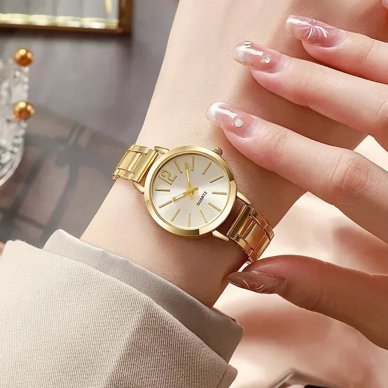 Relógio de pulso de quartzo redondo simples para mulheres, moda inoxidável, pulseira de ouro, relógios femininos, luxo, Vera Lux