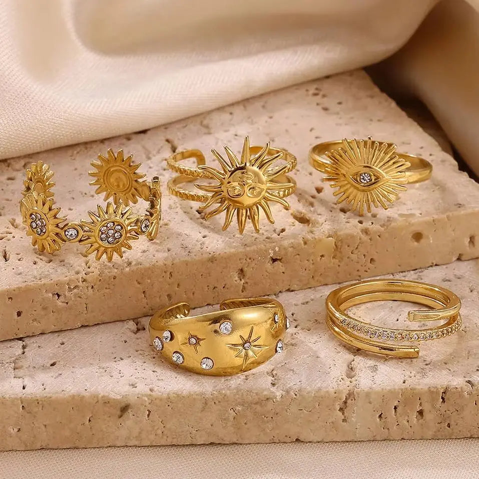 Stainless Steel Tiny Zircon Rings For Women Exquisite Gold Color Sun Double-Layer Ring Punk Hip-Hop Accessory Bague Jewelry Gift Vera Lux