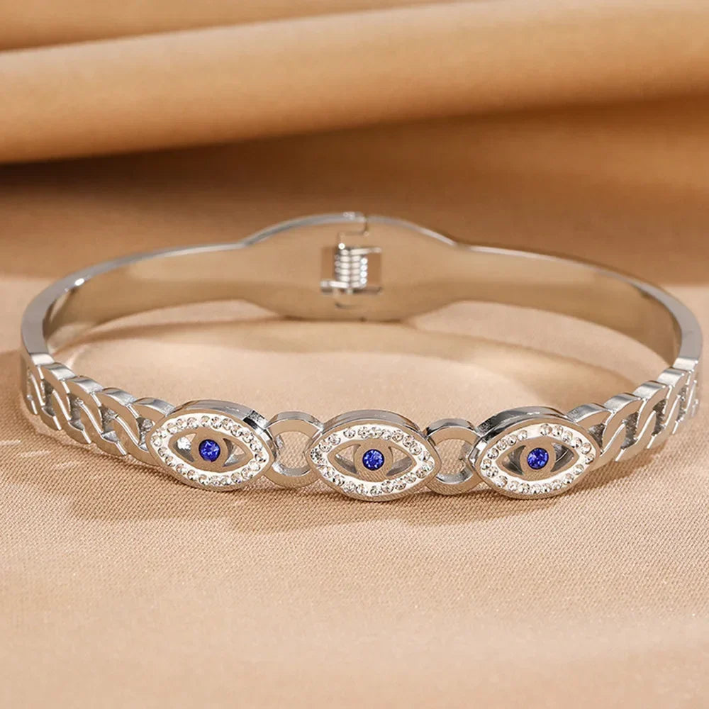 Fashion Stainless Steel Bracelet For Women Men Evil Eye Cuff Bangles Gold Plated Spring Buckle Lucky Amulet Jewelry Accessories Vera Lux