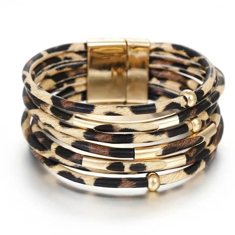 Vintage Metal Tube Leopard Leather Bracelet For Women Men Boho Multilayer Wrap Wide Bracelet Charm Jewelry Vera Lux