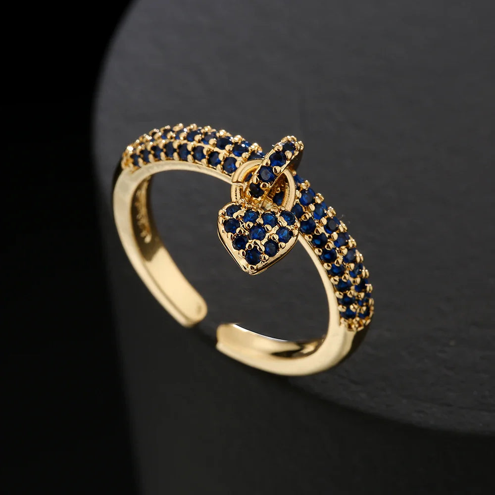 NEWBUY Fashion Colourful Cubic Zirconia Pave Setting Wedding Jewelry 2024 Trendy Gold Color Heart Charm Finger Ring For Women Vera Lux
