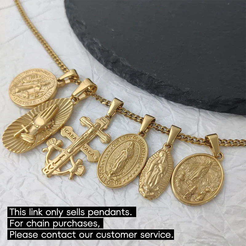 Virgin Mary Saint Michael Cross Prayer Pendant Necklace Gold Stainless Steel Religious Pendants Catholic Women/Men Jewelry Vera Lux