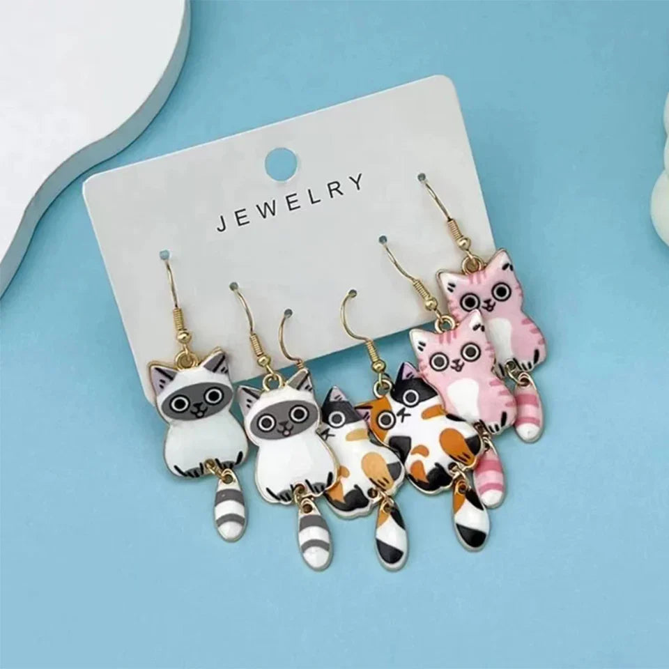 3 Pairs New Fun and Cute Enamel Alloy Hanging Tail Cat Dangle Earrings Colored Cat Ear Jewelry Set Lovely Gift For Women Girls Vera Lux