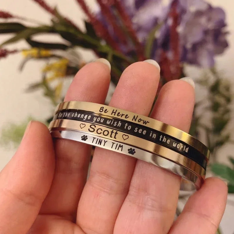Customized Coordinate Engraved Name Text Heart Hole Cuff Bangle Personalized Bar Necklace Stainless Steel Bracelet Men Women Gif Vera Lux
