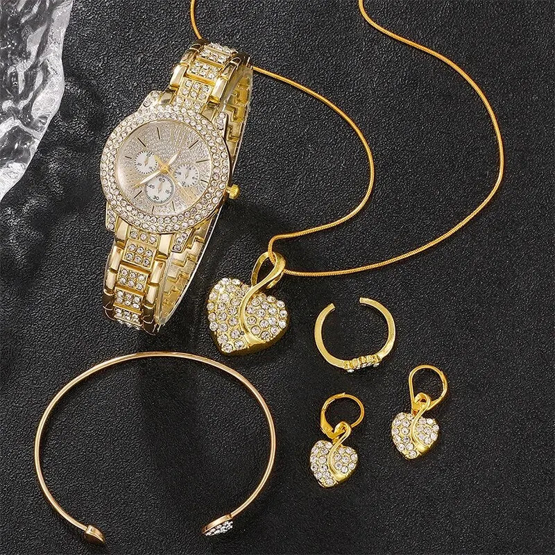 Women's Quartz Watch Gold Luxury Women Ring Necklace Earring Rhinestone Fashion Wristwatch Casual Ladies Watches Jewelry Set Vera Lux