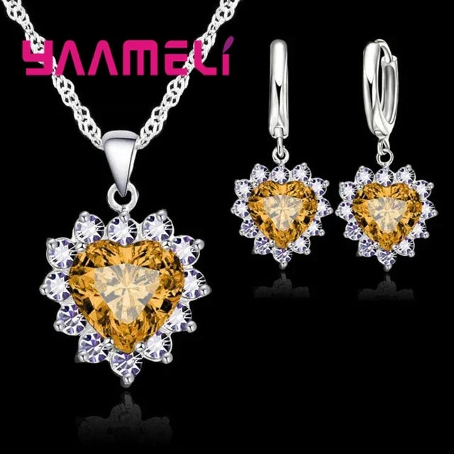 Trendy 925 Sterling Silver Jewelry Set for Women Heart CZ Stone Charm Pendants Necklaces Earrings LOVE Anniversary Gift Vera Lux