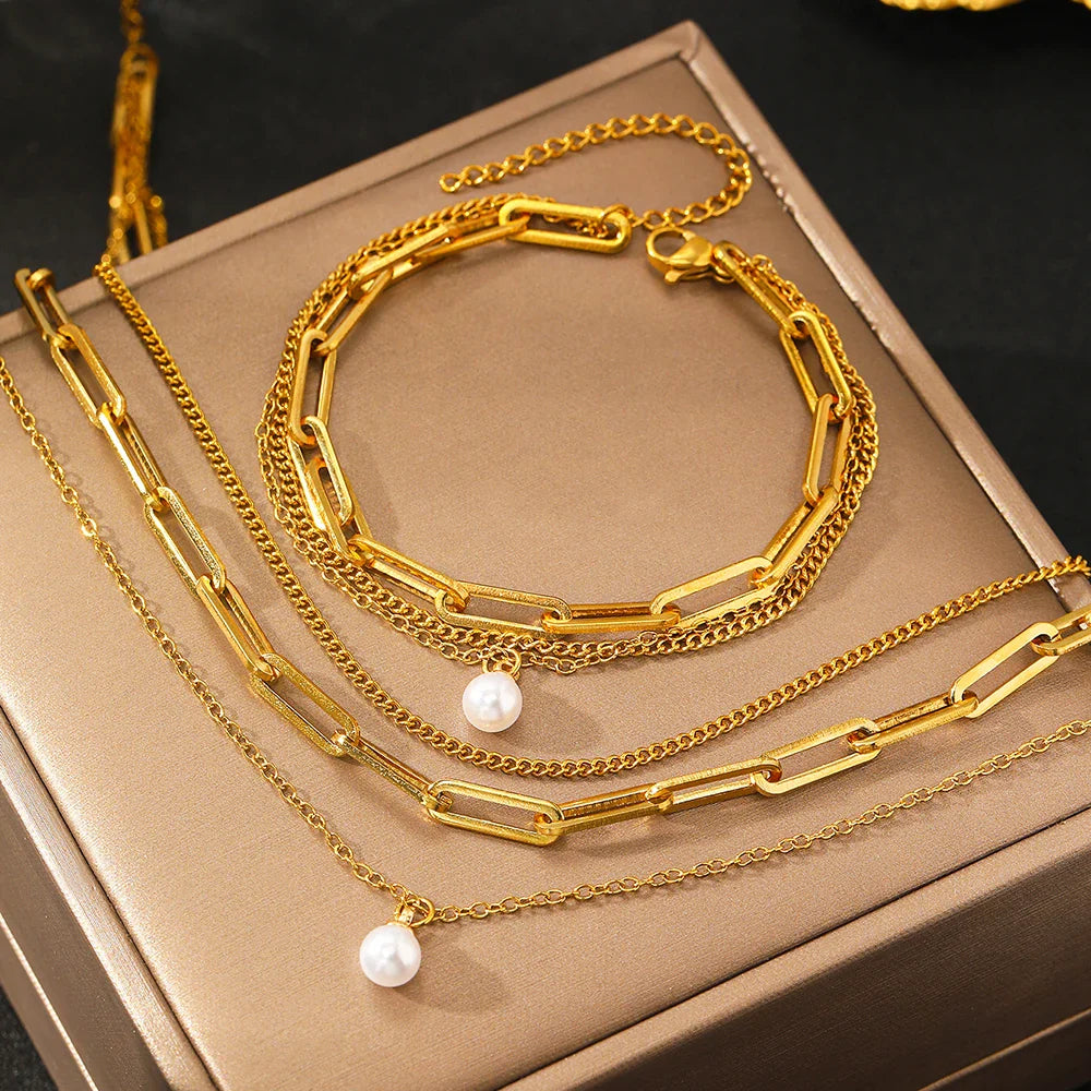 Aomogo Stainless Steel Jewelry Set Delicate Pearl Pendant Jewelry Set Luxury Multi-Layer Chain Jewelry Set For Women Jewelry Vera Lux