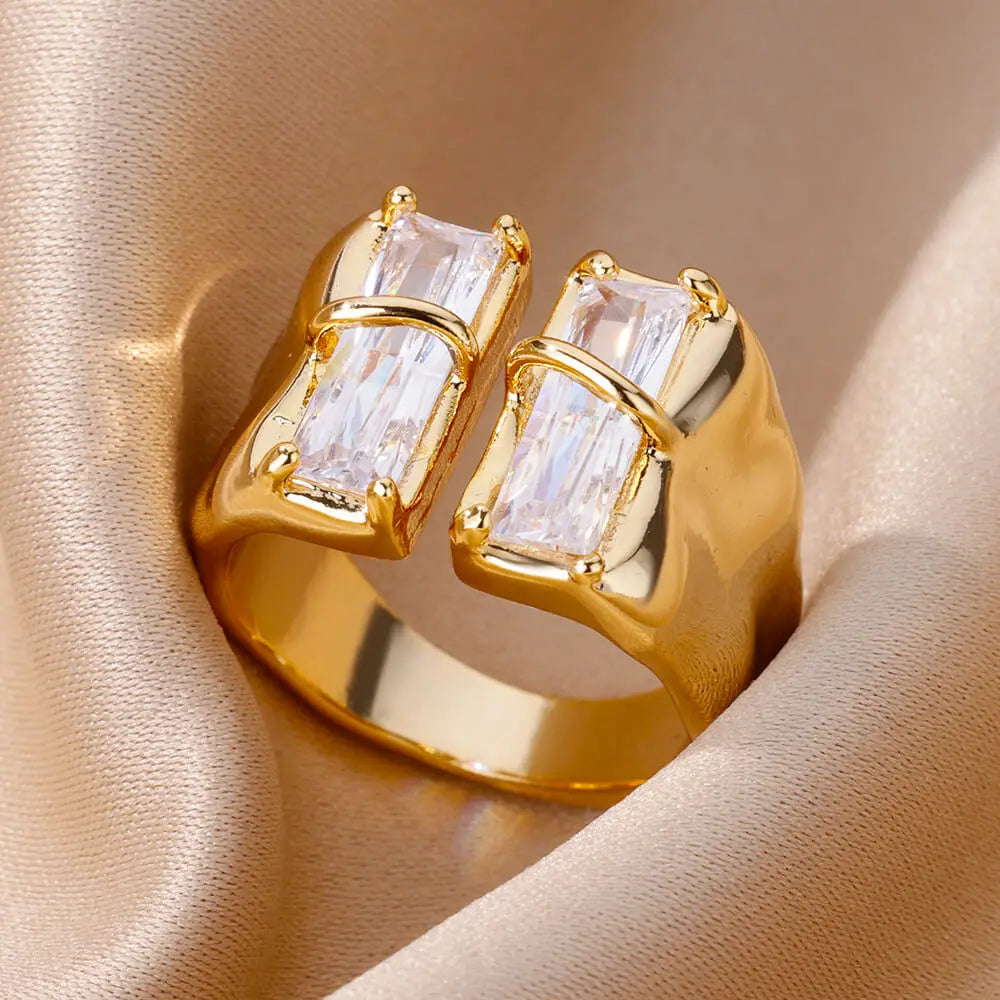 Irregular Square Zircon Ring For Women Stainless Steel Gold Plated Opening Ring Wedding Party Fashion Jewerly Gift Free Shipping Vera Lux