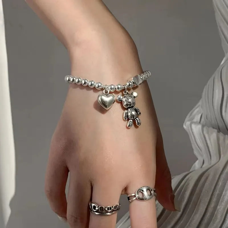 925 Sterling Silver Bracelets for Women String of Beads Accessories Trend Vintage Simple Cute Bear Pendant Party Jewelry Vera Lux