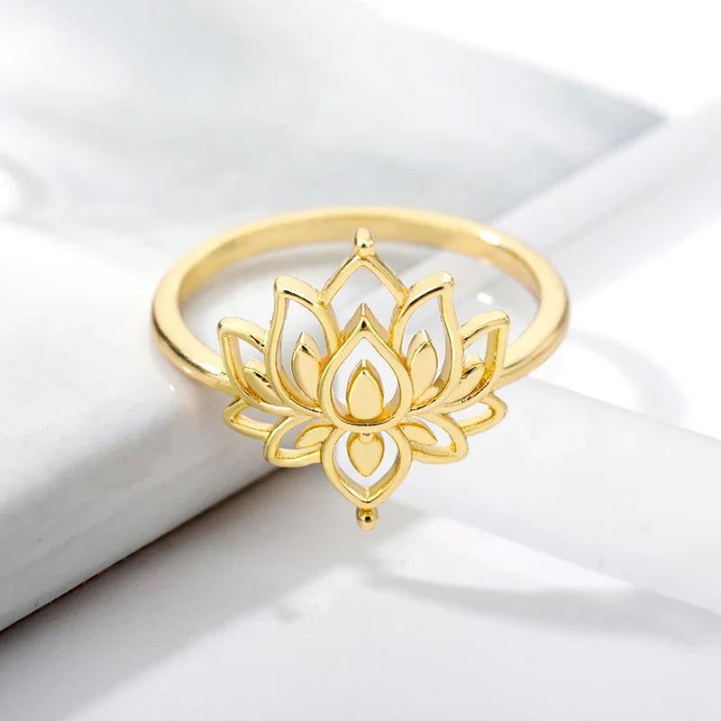 Lotus Flower Rings For Women Stainless Steel Gold Color Hollow Out Ring Fashion Wedding Party Aesthetic Jewelry Gift anillos Vera Lux
