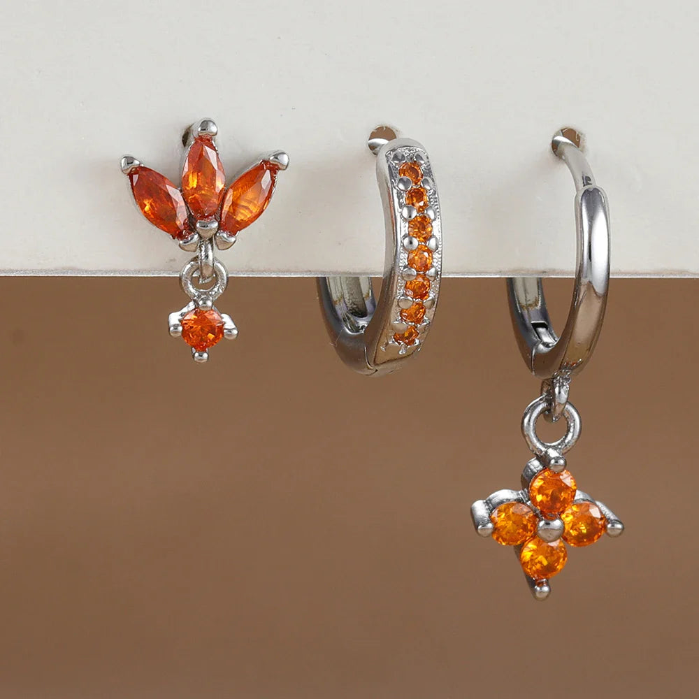 3PCS Fashion Orange Blue Zircon Hanging Earrings Set for Women Stainless Steel Flower Dangle Earring Piercing Jewelry Vera Lux