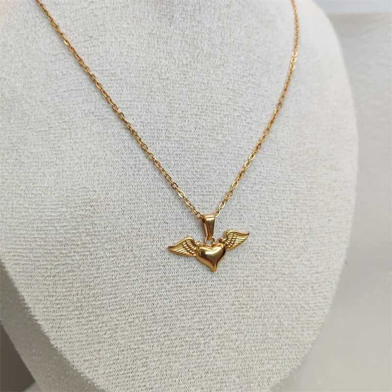 Angel's Wings Heart Rose Daisy 18k Gold Plated Stainless Steel Fashion Pendant Charm Necklaces For Women Vera Lux