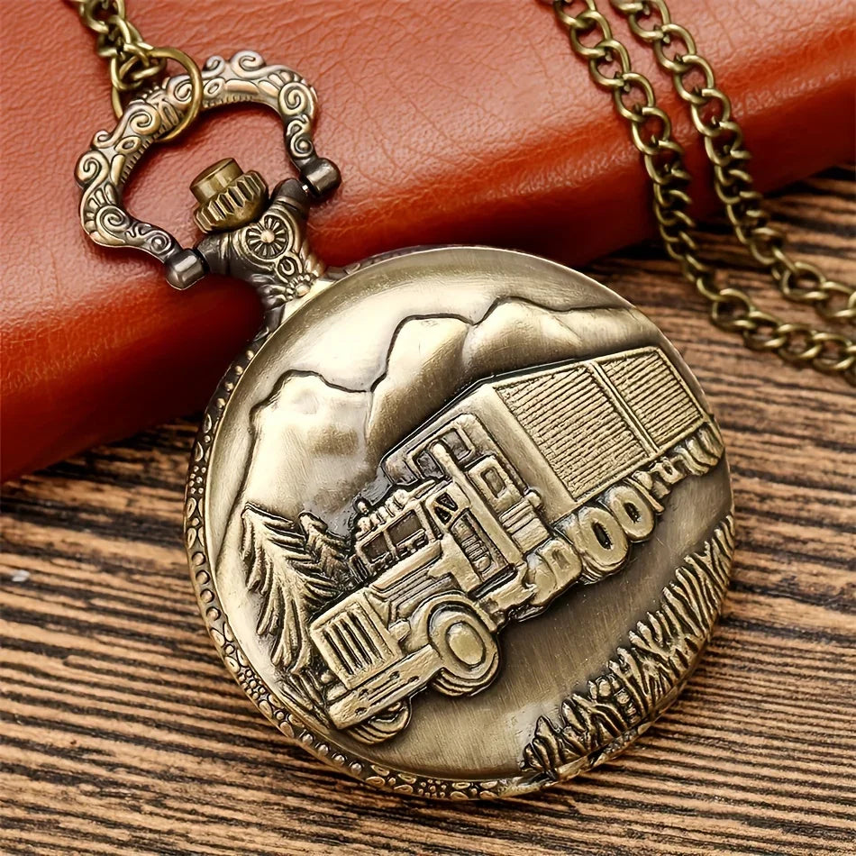Bronze Big Truck Necklace Quartz Pocket Watch - Vintage Nostalgic Design, Perfect Holiday Gift for Teens Vera Lux