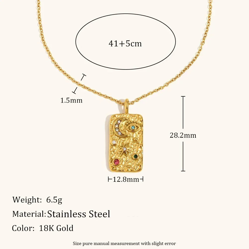 La. Muses Colored Cubic Zirconia Star Moon Texture Pendant Stainless Steel Retro Luxury Necklace Waterproof Jewelry Gift Femstylo