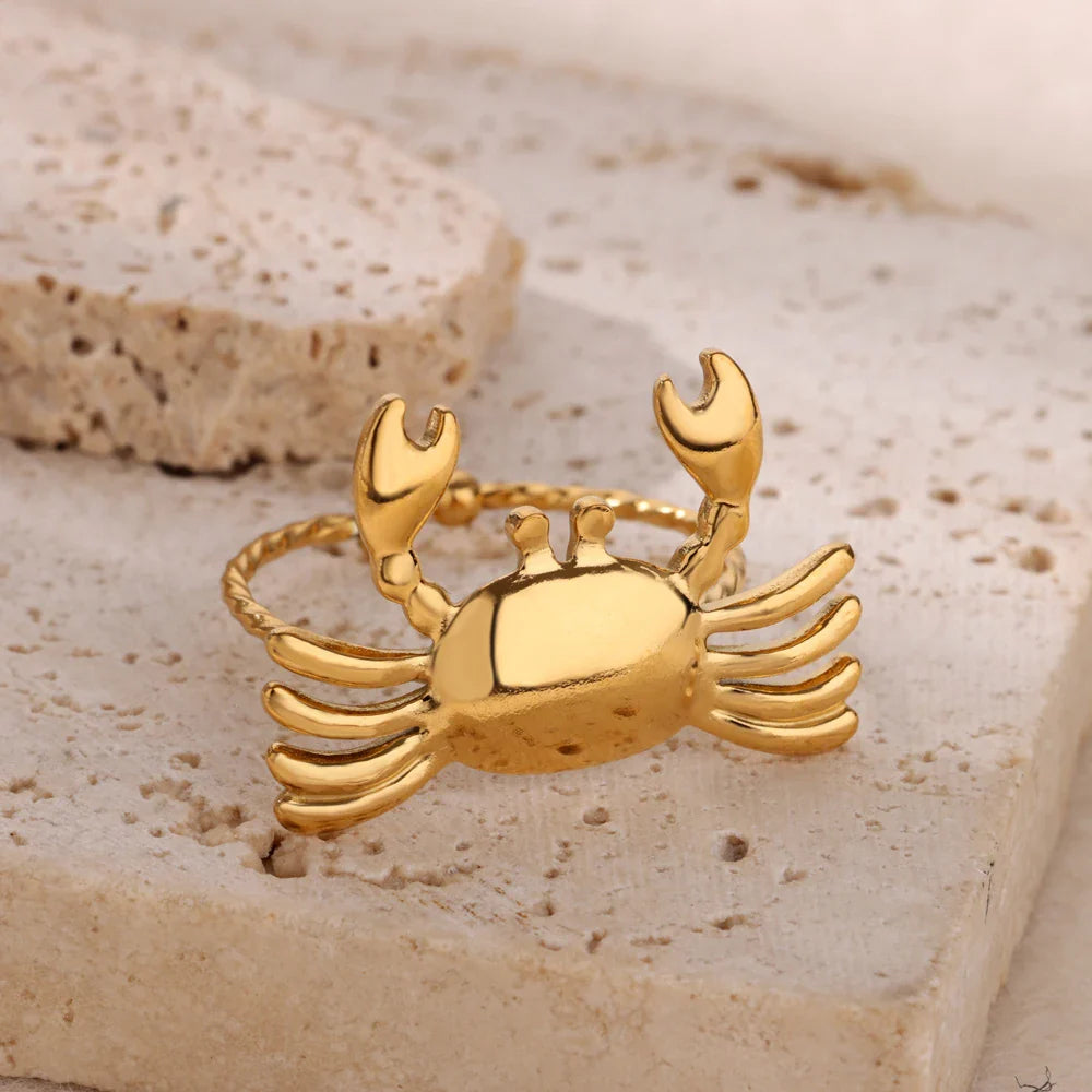 Stainless Steel Crab Rings for Women Gold Color Cute Animal Open Adjustable Ring Aesthetic Fashion Waterproof Jewelry Gift Vera Lux