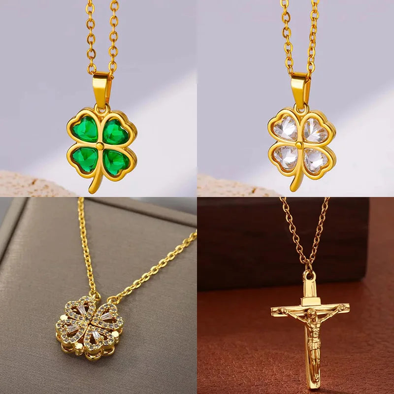 Four Leaf Clover Stainless Steel Necklaces For Women Green Zircon Gold Color Quality Jewelry Pendant Necklace Gift Free Shipping Vera Lux