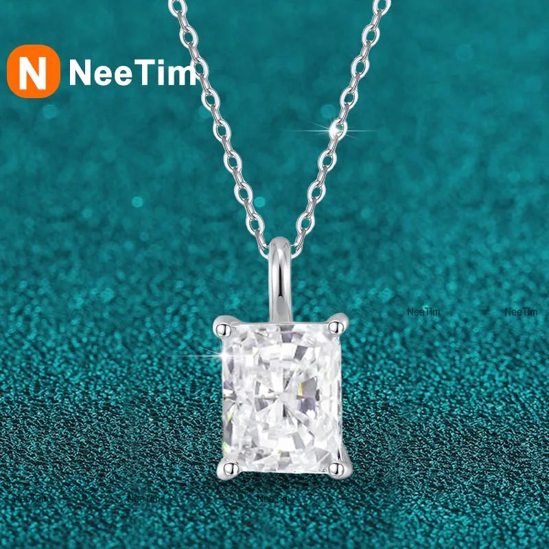 NeeTim 1ct 2ct 3ct 4ct Radiant Cut D VVS1 Moissanite Necklace for Women with Gold Plated Jewelry Sterling Silver 925 Pendant Vera Lux