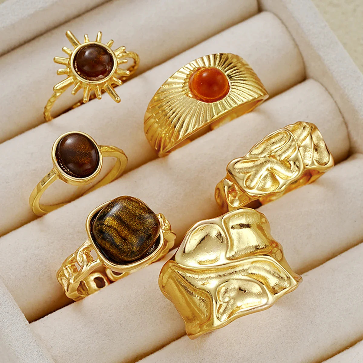 6pcs Sunflower Tiger Eye Stone Ring Set for Women Vintage Irregular Gold Color Aesthetic Open Rings Fashion Party Jewelry Gifts Vera Lux