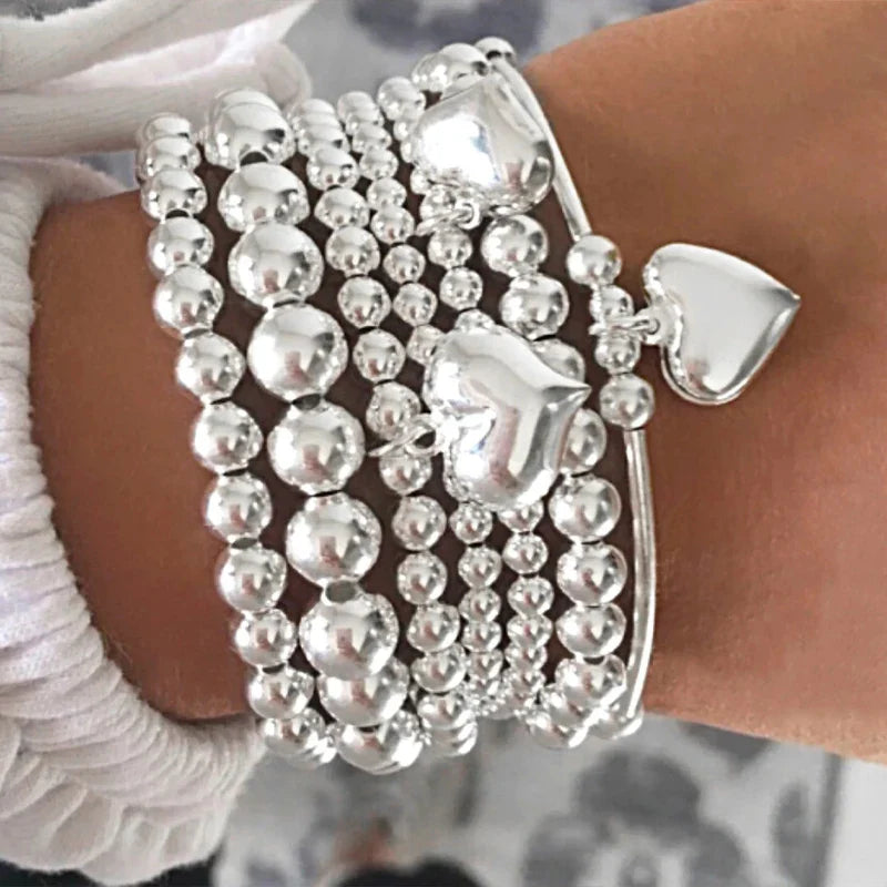 7Pcs/Set Chic Heart Charm Beaded Bracelet Set For Women Vintage Simple Silver Color Exquisite Multi-Layer Bracelets Jewelry Gift Vera Lux
