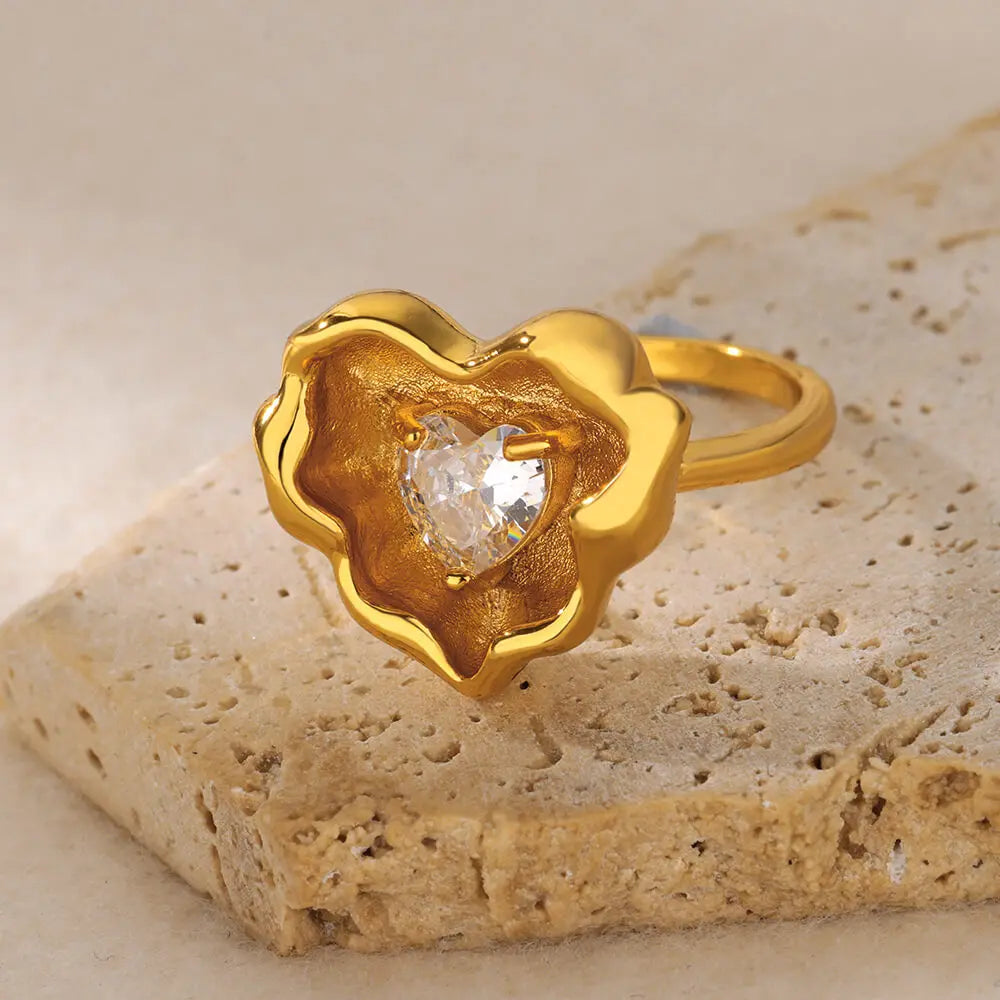 Gold Color Stainless Steel Geometric Rings for Women Zircon Heart Sun Moon Open Ring Fashion Aesthetic Jewelry Wedding Gift Vera Lux