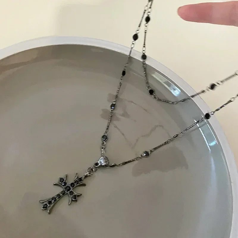 Summer Black Rhinestone Cross Jesus Pendant Choker Necklace for Women Punk Vintage Double Layers Chain 2024 Neck Boho Jewelry Femstylo