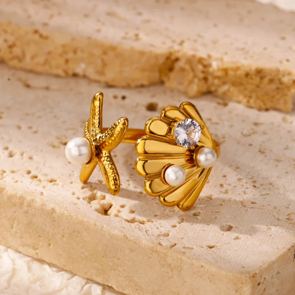 2025 Freshwater Anillos Stainless Steel Pearl Starfish Shell Rings For Women Punk Gold Color Vintage Waterproof Beach Jewelry Vera Lux