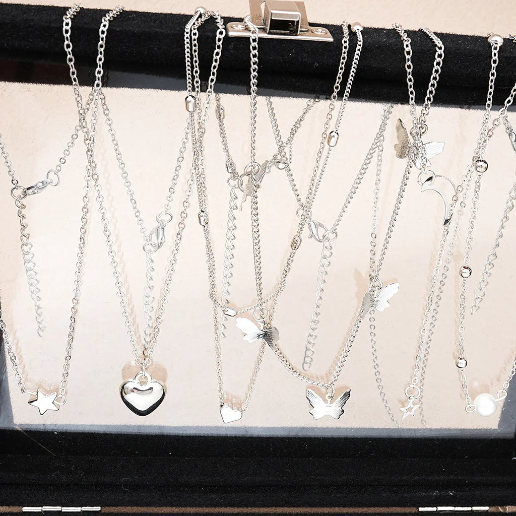 51 Pcs/Set Silver Color Chic Jewelry Set For Women Fashion Butterfly Heart Pearl Necklaces, Earrings, Rings, Match Daily Outfits Vera Lux