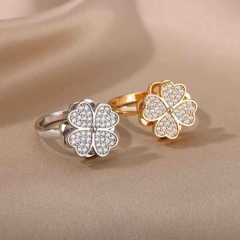 Zircon Rotatable Four Leaf Clover Anxiety Rings For Women Stainless Steel Anti-Stress Fidget Spinner Ring Aesthetic Jewelry Gift Vera Lux