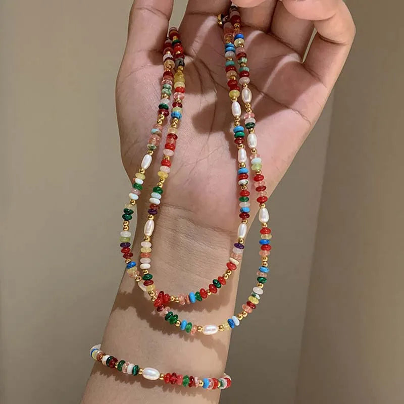 Fashion Colorful Beads Stone Natural Freshwater Pearl Necklaces For Women Retro Gold Color Clavicle Chain Necklace Jewelry Gifts Vera Lux