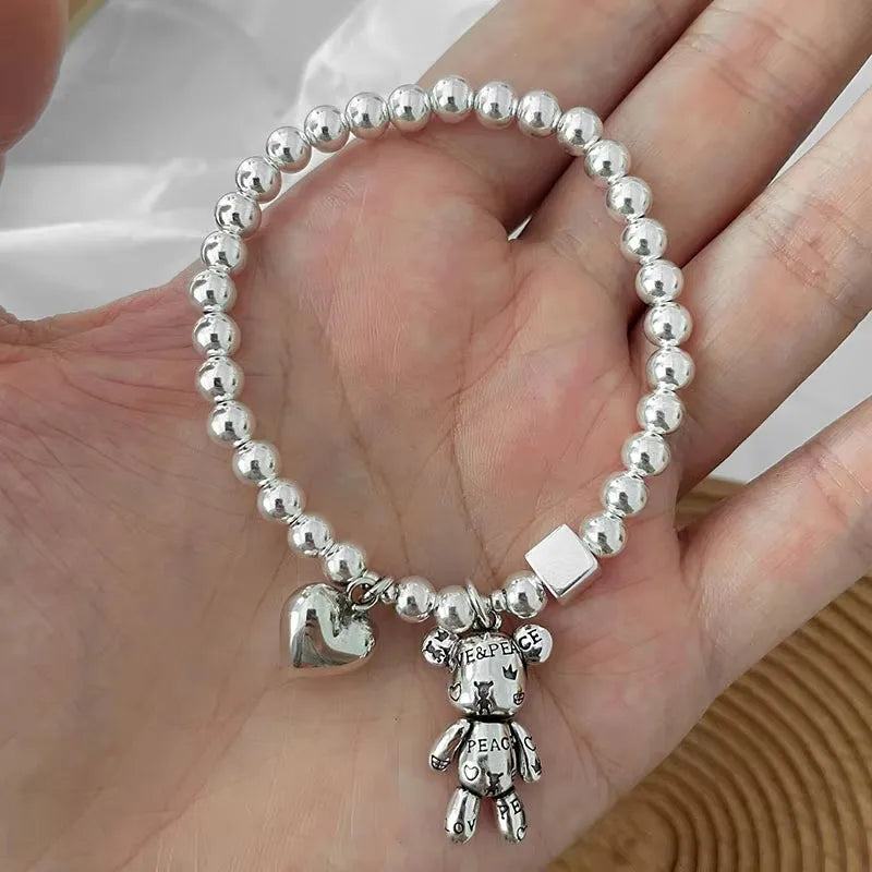 925 Sterling Silver Bracelets for Women String of Beads Accessories Trend Vintage Simple Cute Bear Pendant Party Jewelry Vera Lux