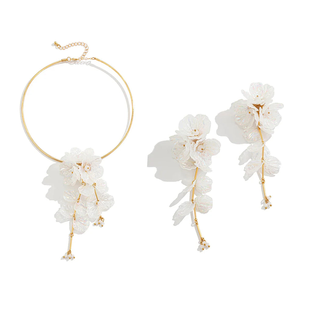 Ingemark Creative Punk Torques Chain Necklace Women Wed Bridal Elegant White Flower Hanging Drop Earrings Wed Bridal Jewelry Set Vera Lux