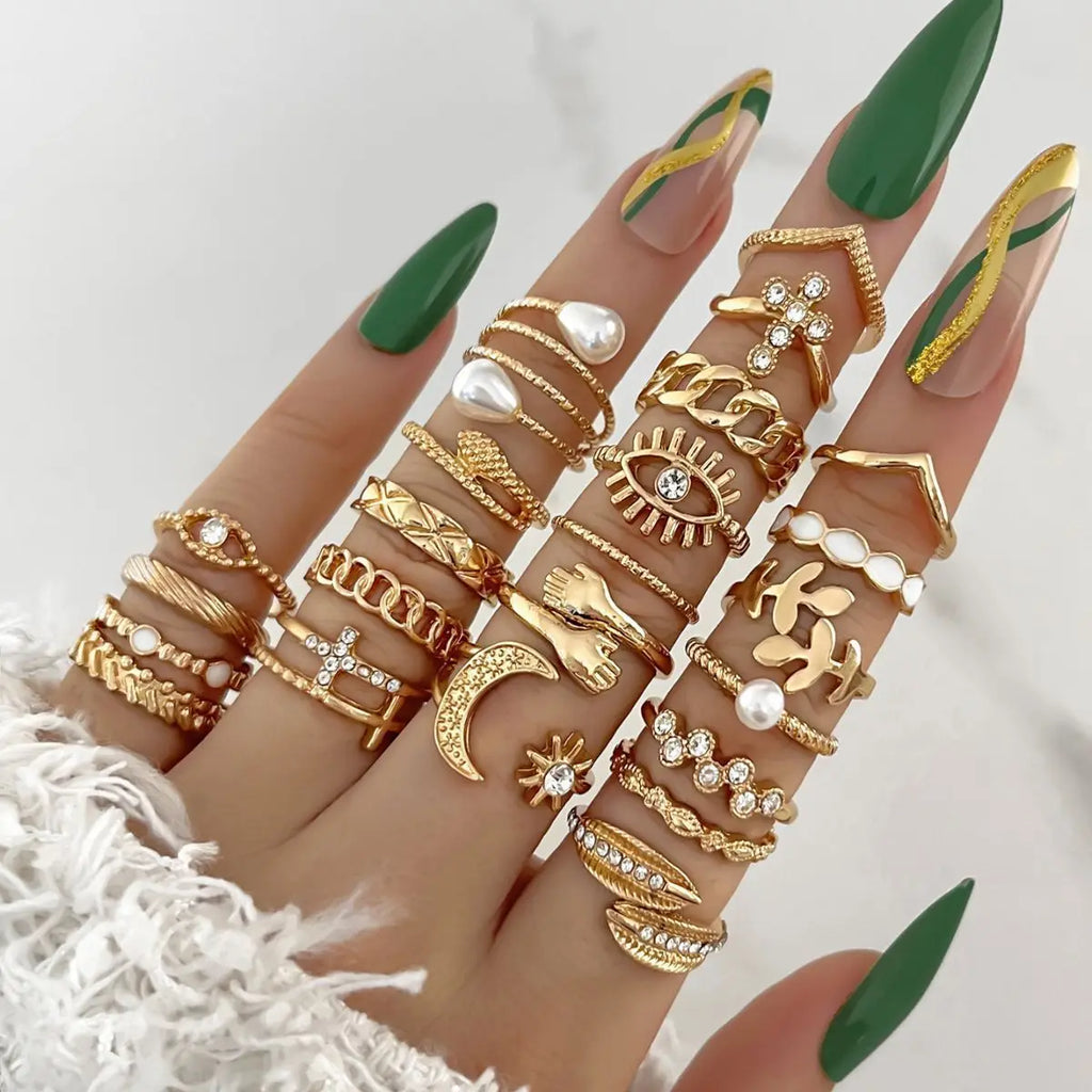 Fashion Simple Wave Joint Rings Set For Women Crystal Heart Shape Gold Silver Color Ring Female Party Jewelry Vera Lux