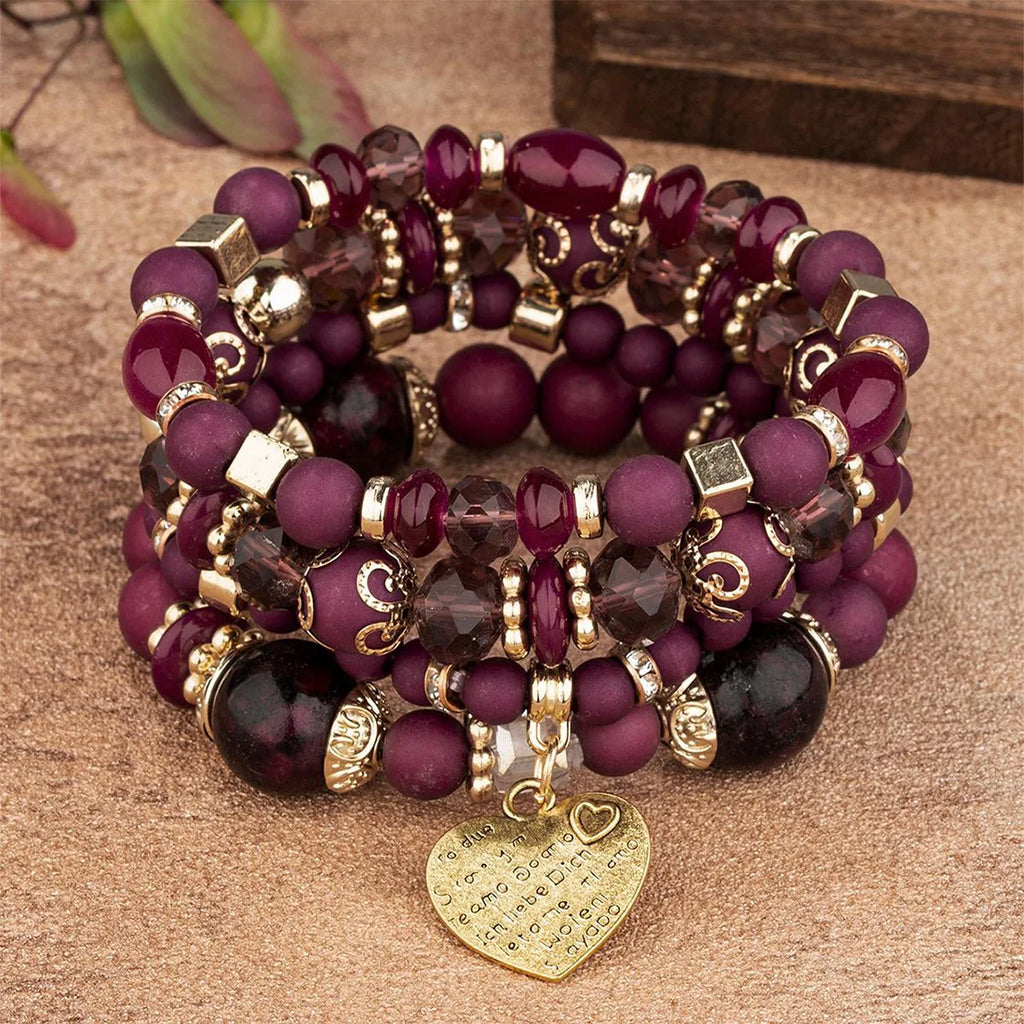 4Pcs Tree of Life Heart Bracelet Set For Women Acrylic Glass Beads Chain Elastic Bangle Female Fashion Party Jewelry Vera Lux